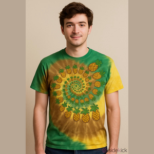 Liquid Blue Green Yellow Brown Tie-Dye Pineapple Spiral Tee L